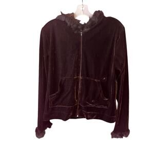 Jasmine Rose Faux Fur Velour Hoodie Y2K Blingcore Brown Zip Up Vintage Large